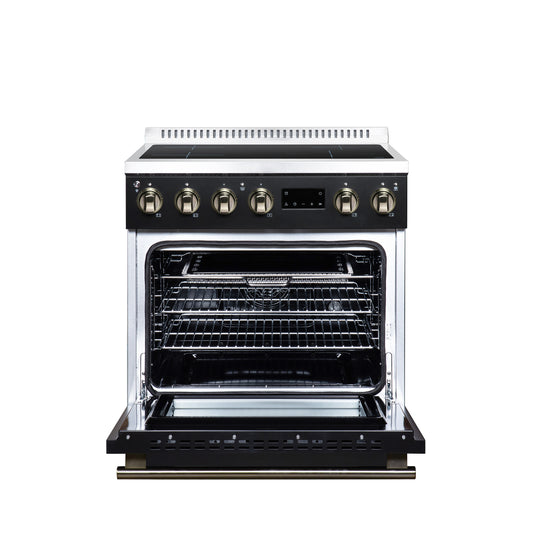 Torino 30 Inch Induction Range, 8,800W cooktop, 4.32 cf. True Convection Oven, Air Fry, Air Sous Vide, Smudge Resistant, Black - Forno Appliances