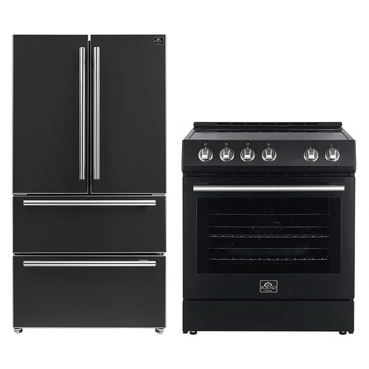 FORNO 2-Piece Black Kitchen Bundle - 30" Electric Range and 36" Bottom Freezer Refrigerator - Forno Appliances