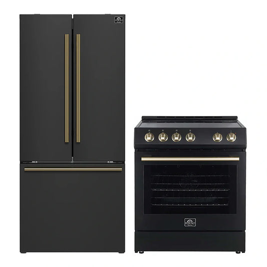 FORNO 2-Piece Black Kitchen Bundle - 30" Electric Range and 31" Bottom Freezer Refrigerator - Forno Appliances