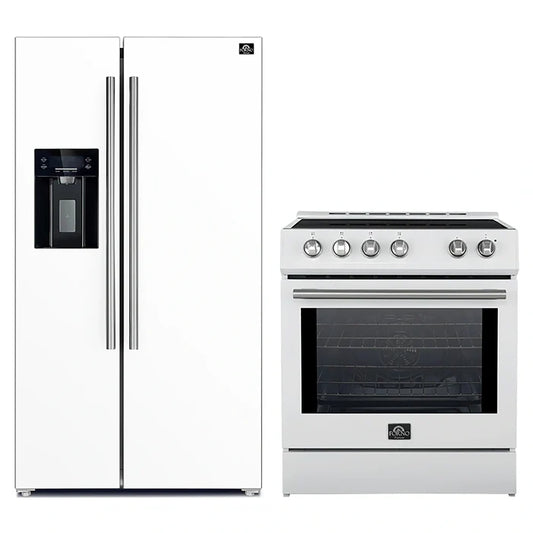FORNO 2-Piece White Kitchen Bundle - 30" Induction Range and 36" Bottom Freezer Refrigerator - Forno Appliances