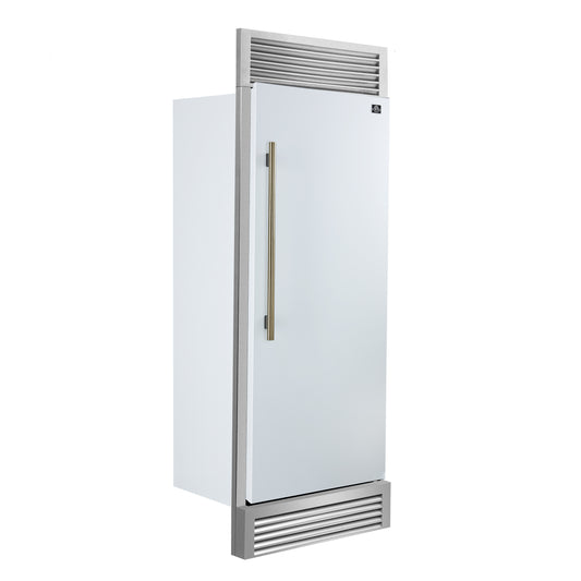 Refrigerador convertible empotrado Forno Maderno de 28 pulgadas en blanco con manija de latón antiguo, 13.6 pies cúbicos, apertura a la derecha con borde decorativo, 32 pulgadas de ancho