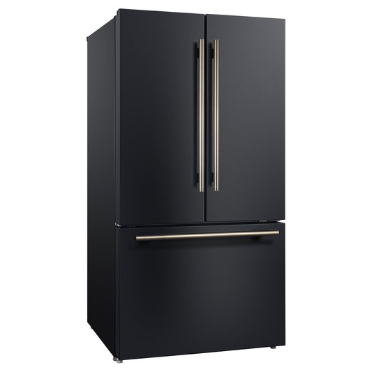 Refrigerador Forno Rivello de 36 pulgadas con puerta francesa en negro con latón antiguo, dispensador de agua interno, hielo filtrado, estantes ajustables, certificación Energy Star