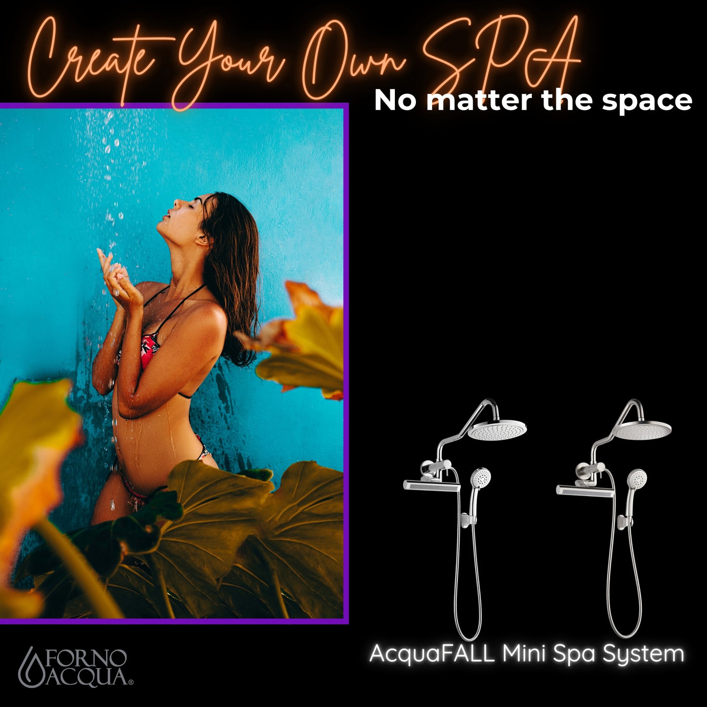 Forno Acqua AcquaFALL Mini Cabezal de Ducha, Acabado en Acero Inoxidable Pulido, Ducha de Lluvia Superior, Desviador de 7 Vías, Cabezal de Ducha de Mano, Jets Corporales, Caudal de 2.5 GPM