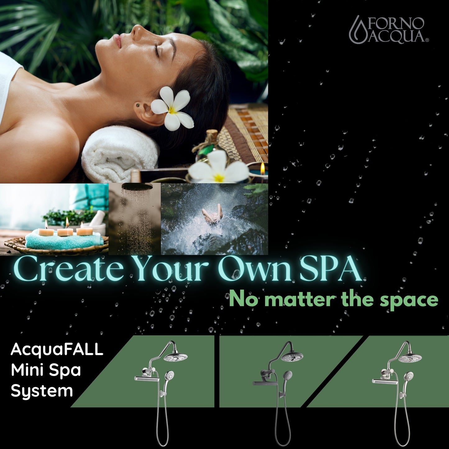 Forno Acqua AcquaFALL Mini Cabezal de Ducha de 8 Pulgadas, Acabado Negro Mate, Ducha de Lluvia Superior, Cabezal de Ducha de Mano, Jets Corporales, Caudal de 2.5 GPM