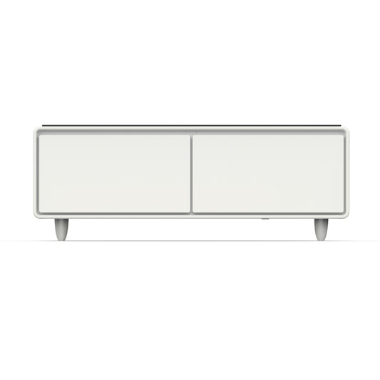 Table basse intelligente blanche Forno Evoluto Tavolo de 51 pouces – Deux tiroirs réfrigérés, audio Bluetooth 5.0, chargement sans fil et éclairage d'ambiance RVB