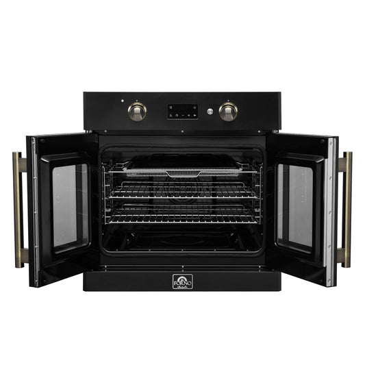 Four mural électrique à porte française Forno Asti de 76 cm (30 pouces) en noir & Cuisinière en laiton antique, 3,68 pi³ (104 L), convection véritable, 3 600 W, friture à air chaud, cuisson sous vide, autonettoyante