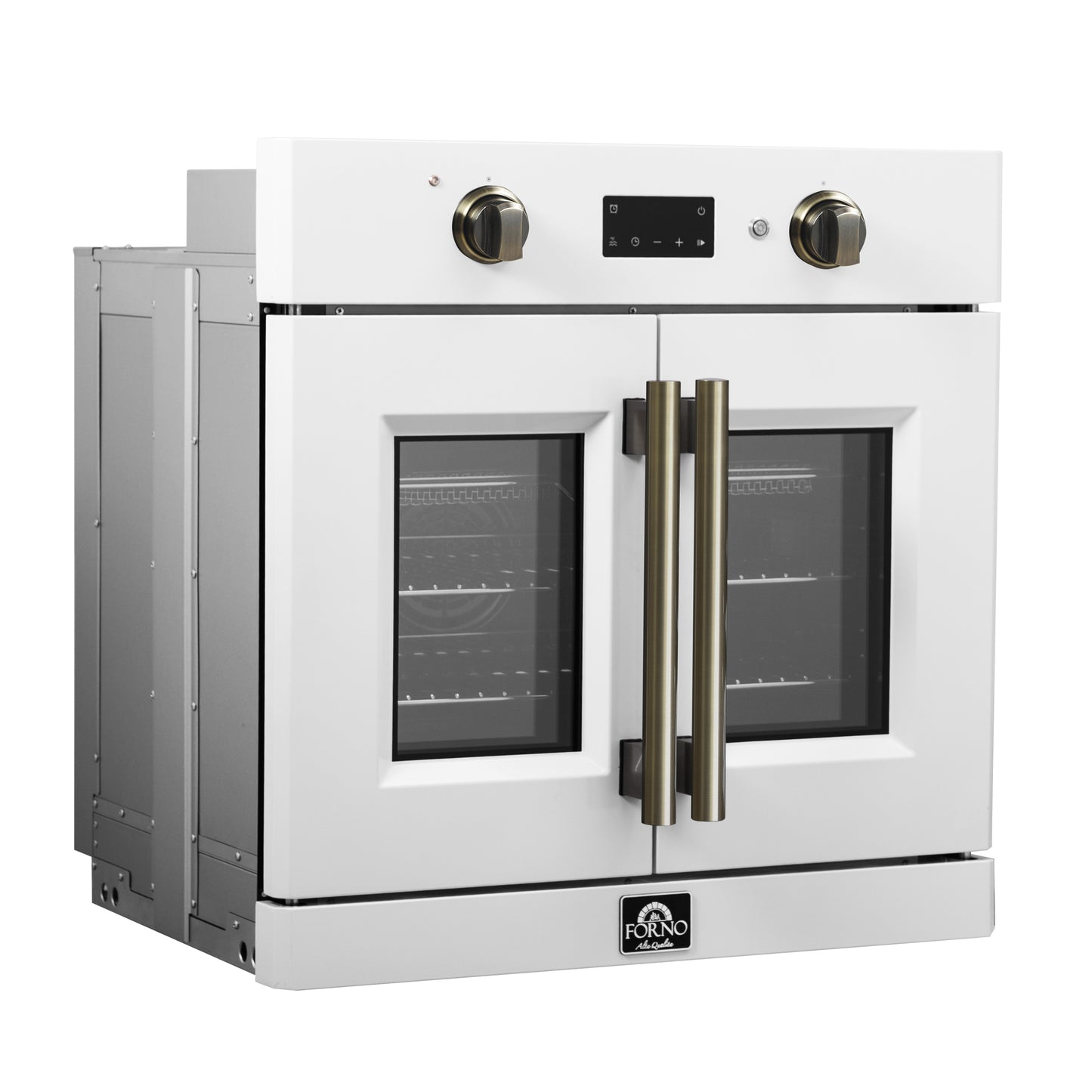 Four mural électrique à porte française Forno Asti de 76 cm (30 pouces) en blanc & Cuisinière en laiton antique, 3,68 pi³ (104 L), convection véritable, 3 600 W, friture à air chaud, cuisson sous vide, autonettoyante
