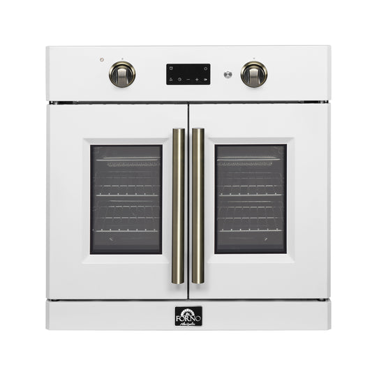 Four mural électrique Forno Asti 30 pouces à portes françaises, blanc et laiton antique, 3,68 pi³, vraie convection, 3 600W, Air Fry, sous-vide, autonettoyage - Forno Appliances