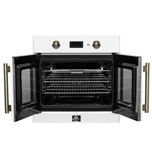 Horno eléctrico de pared Forno Asti de 30 pulgadas con puerta francesa en blanco y latón antiguo, 3,68 pies cúbicos, convección real, 3600 W, freidora de aire, sous vide, autolimpieza