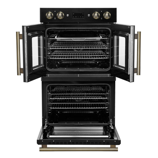 Horno de pared eléctrico doble Forno Asti de 30 pulgadas con puertas francesas superiores en negro y latón antiguo, 7.36 pies cúbicos, doble convección real, 7200 W, freidora de aire, sous vide, autolimpieza
