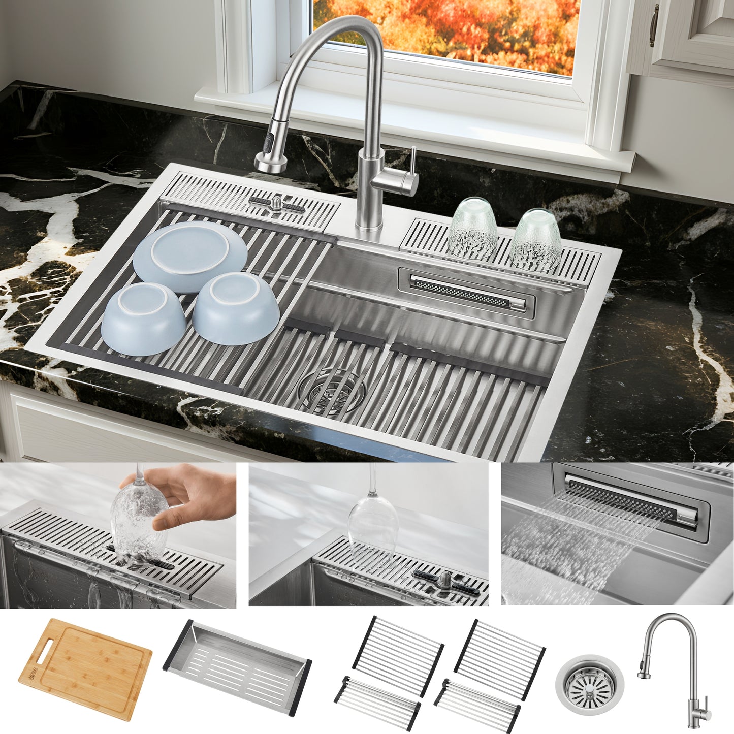 FORNO ACQUA 33 in. Drop-In/Undermount 3-Level Workstation with Retractable Faucet & Glass Rinser