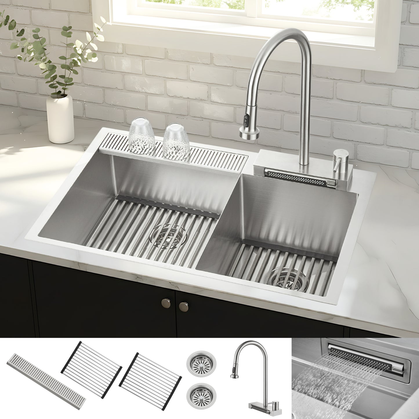 FORNO ACQUA 33 in. Drop-In/Undermount 40/60 Double Bowl Stainless Steel Sink with Waterfall Faucet