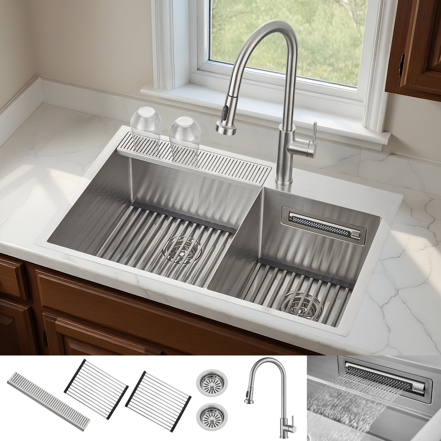 FORNO ACQUA 33 in. Drop-In/Undermount 40/60 Double Bowl Sink with Retractable Faucet & Waterfall