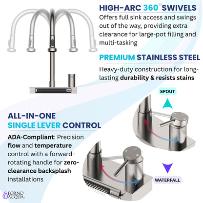 FORNO ACQUA 4 Function Waterfall  Pull-Down Kitchen Faucet - Forno Appliances