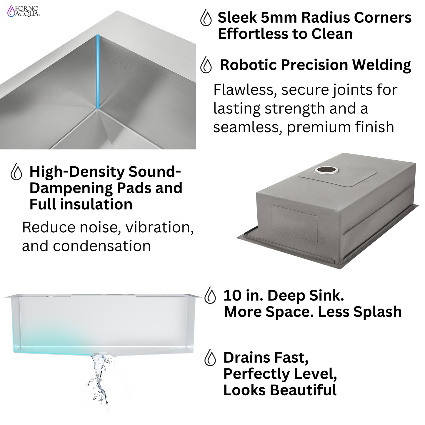 FORNO ACQUA 33 in. Drop-In/Undermount 3-Level Workstation Sink with Waterfall Faucet & Glass Rinser