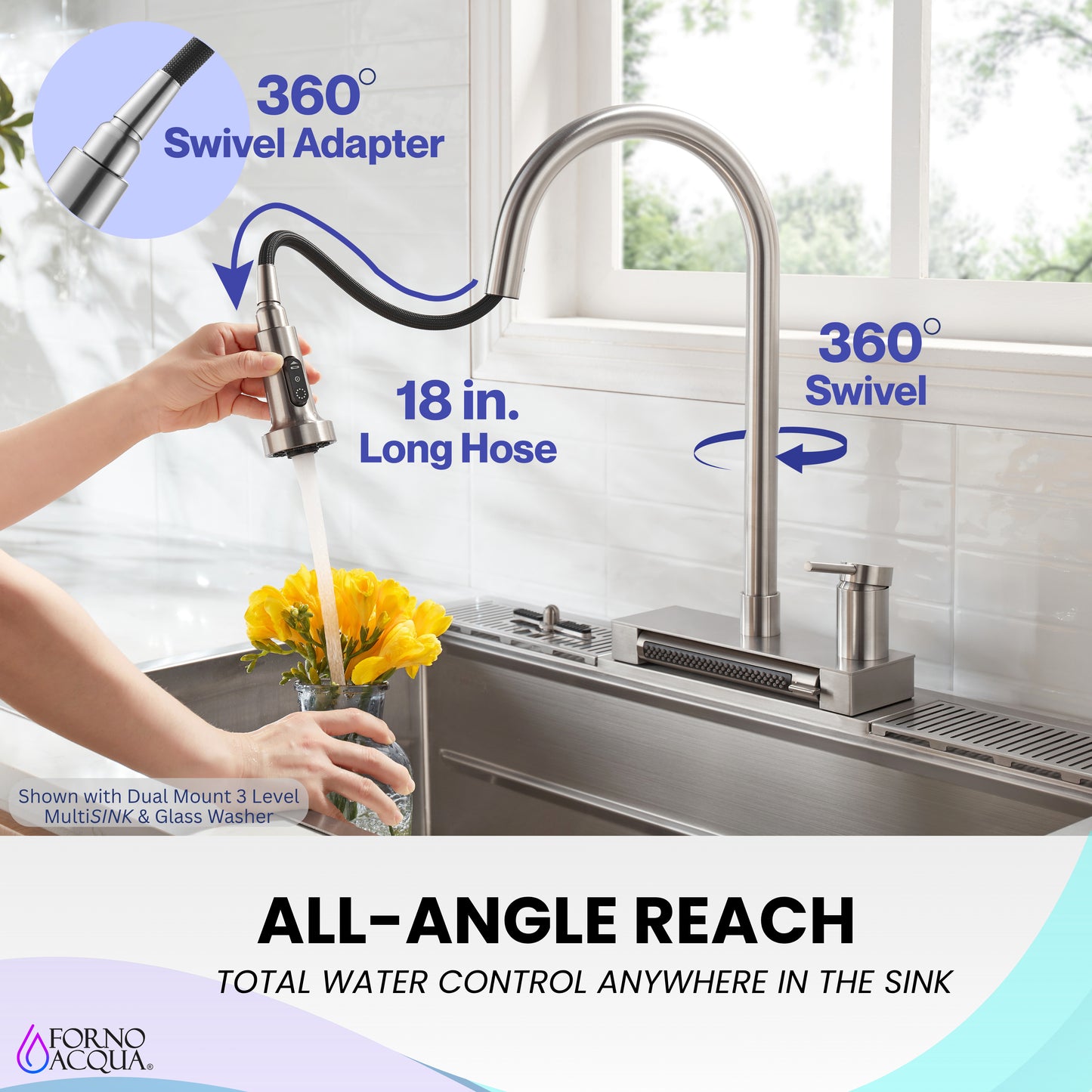 FORNO ACQUA 4 Function Waterfall  Pull-Down Kitchen Faucet - Forno Appliances