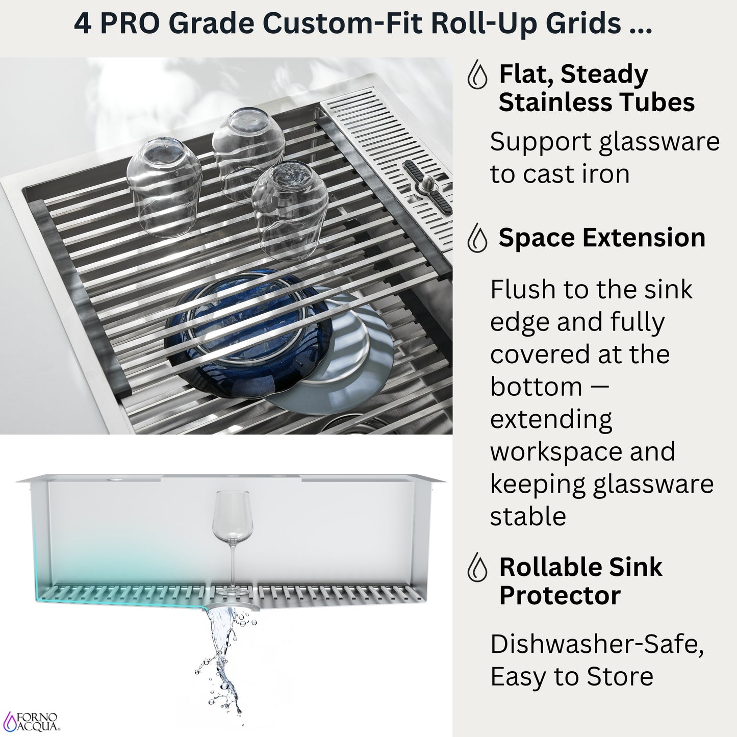 FORNO ACQUA 33 in. Drop-In/Undermount 3 Level Workstation Sink with Faucet, Waterfall & Glass Rinser
