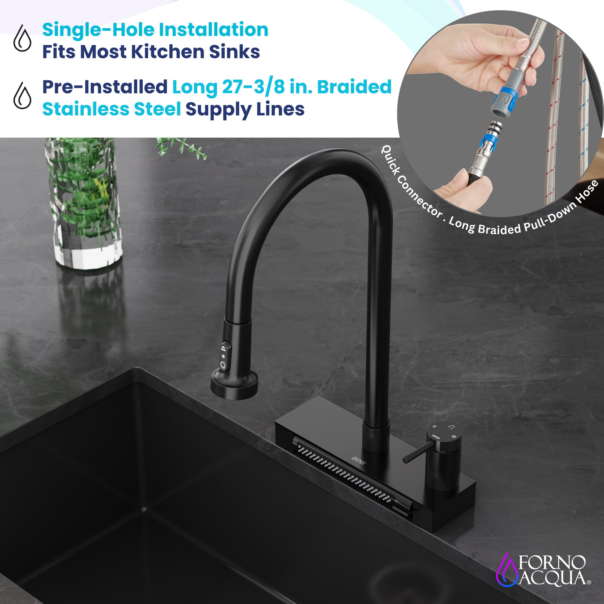 FORNO ACQUA 4 Function Waterfall  Pull-Down Kitchen Faucet - Forno Appliances