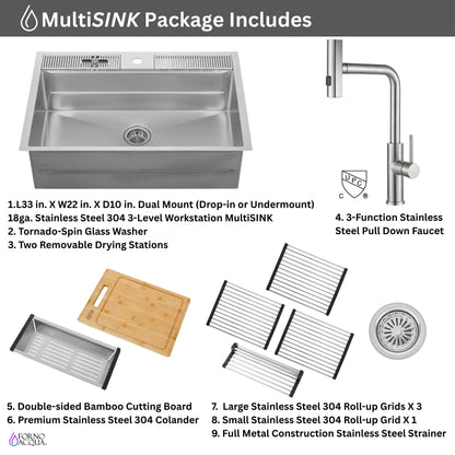 FORNO ACQUA 33 in. Drop-In/Undermount 3-Level Workstation Sink with Waterfall Faucet & Glass Rinser