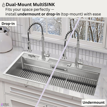 FORNO ACQUA 45 in. Drop-In/Undermount 3-Level Workstation Sink with Two Faucets & Glass Rinser