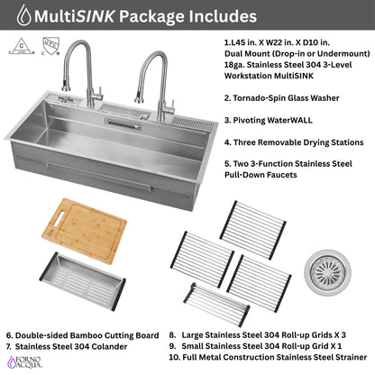 FORNO ACQUA 45 in. Drop-In/Undermount 3-Level Workstation Sink with Two Faucets & Glass Rinser