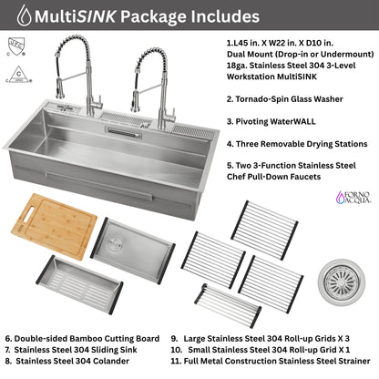 FORNO ACQUA 45 in. Drop-In/Undermount 3-Level Workstation Sink with Two Faucets & Glass Rinser