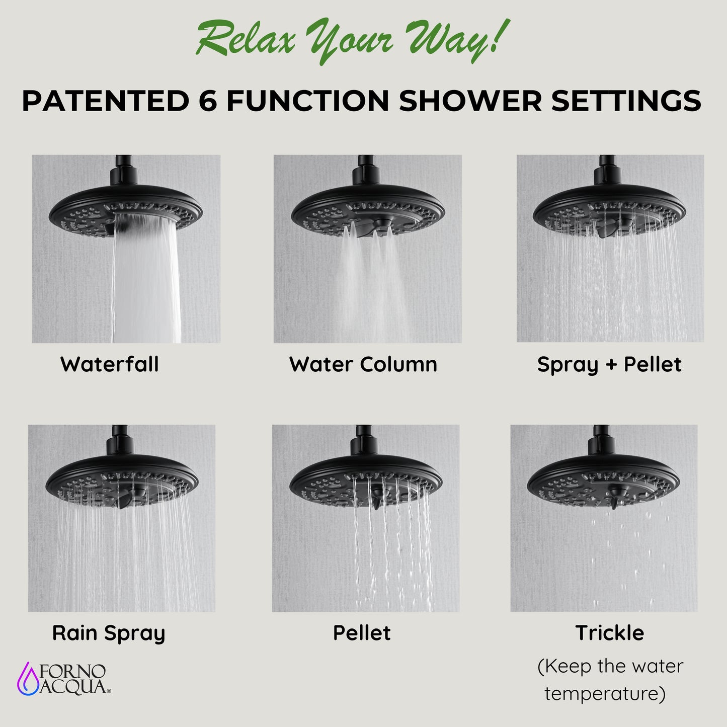 Forno Acqua AcquaSPA Retrofit Shower, Overhead Rainfall, 8 Inch Shower Head, Handheld Shower Head, Body Jets, 6 Way Diverter, Matte Black Finish, 2.5 GPM Flow Rate