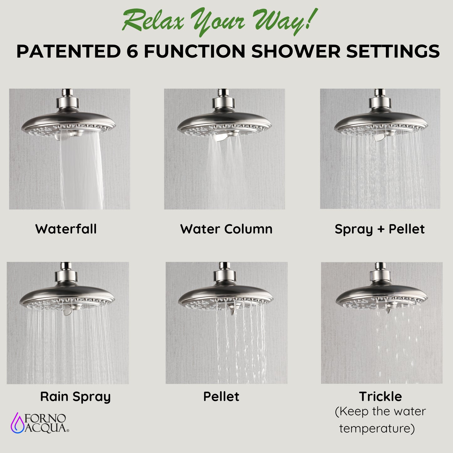 Forno Acqua AcquaSPA Retrofit Shower, Overhead Rainfall, 8 Inch Shower Head, Handheld Shower Head, Body Jets, 6 Way Diverter, Brushed Nickel Finish, 2.5 GPM Flow Rate