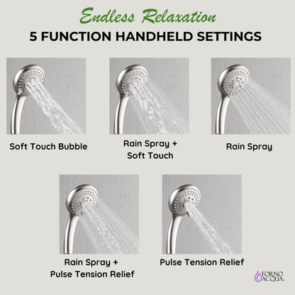 Forno Acqua AcquaFALL Shower, Polished Stainless Steel Finish, Overhead Rainfall Shower, 7 Way Diverter, Handheld Shower Head, Body Jets, 2.5 GPM Flow Rate