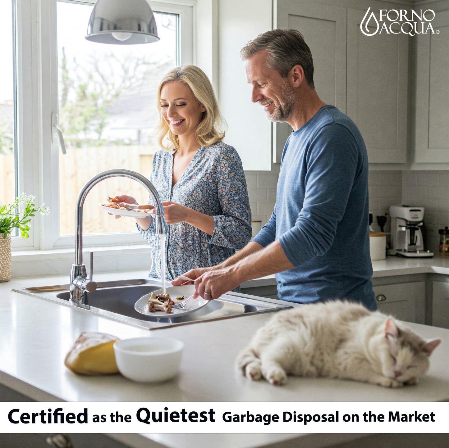 Triturador de basura ultra silencioso FORNO ACQUA BrightDIAMOND Moonstone de 3/4 HP con cable, sensor de movimiento, luz de gabinete e interruptor de aire precableado