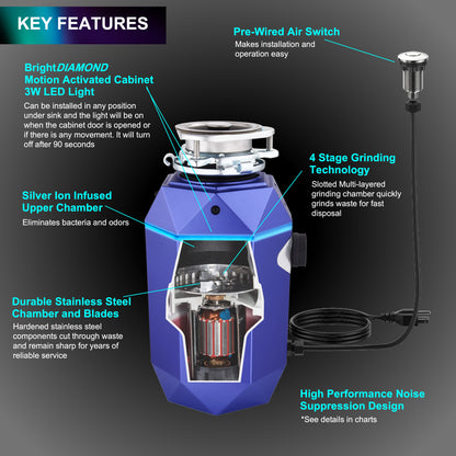 Triturador de basura ultra silencioso FORNO ACQUA BrightDIAMOND Amethyst de 3/4 HP con cable, sensor de movimiento, luz de gabinete e interruptor de aire precableado