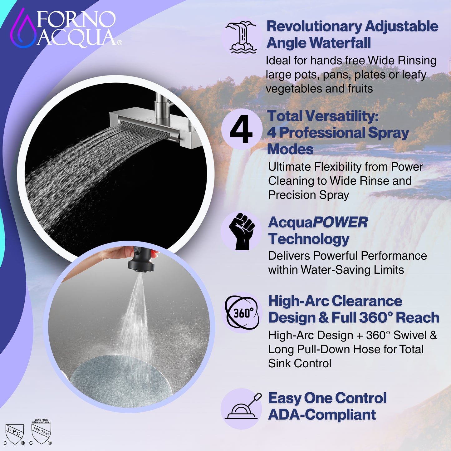 FORNO ACQUA 4 Function Waterfall  Pull-Down Kitchen Faucet - Forno Appliances