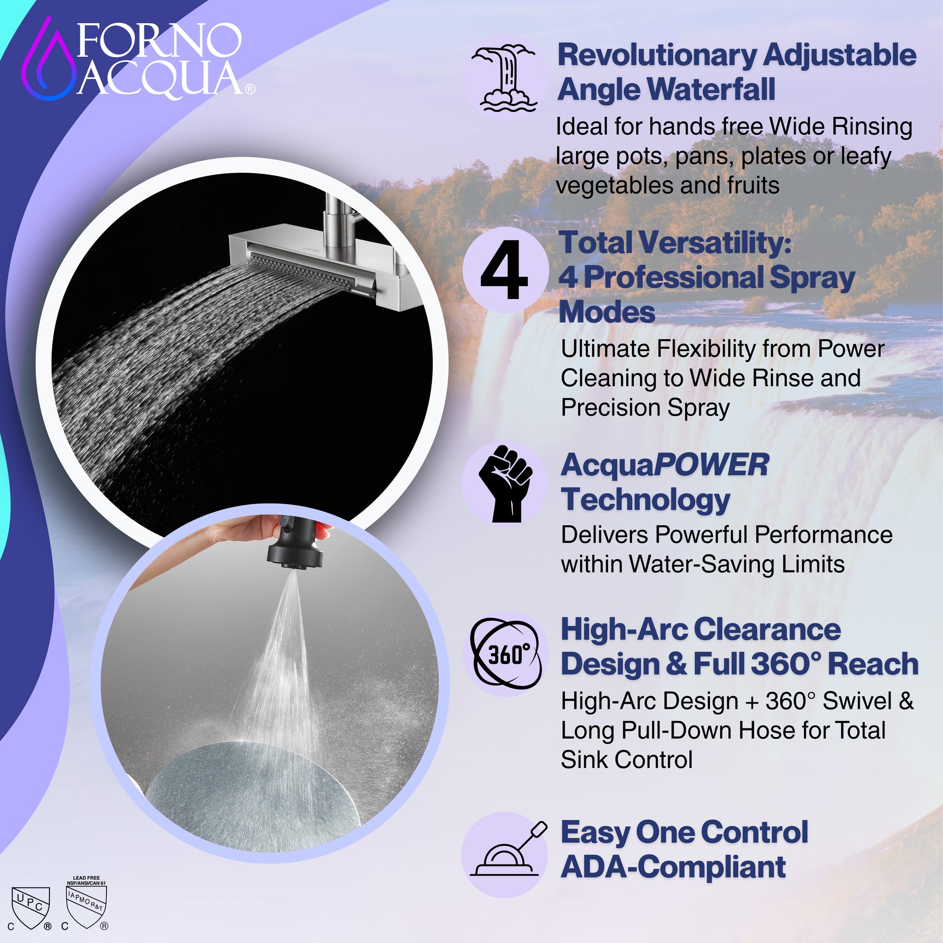 FORNO ACQUA 4 Function Waterfall  Pull-Down Kitchen Faucet - Forno Appliances