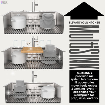 FORNO ACQUA 33 in. Drop-In/Undermount 3-Level Workstation with Retractable Faucet & Glass Rinser