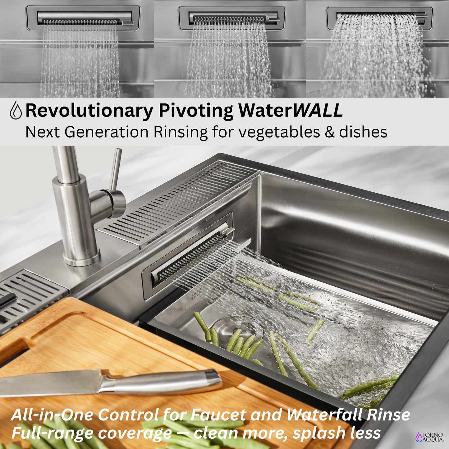 FORNO ACQUA 33 in. Drop-In/Undermount 3-Level Workstation with Retractable Faucet & Glass Rinser