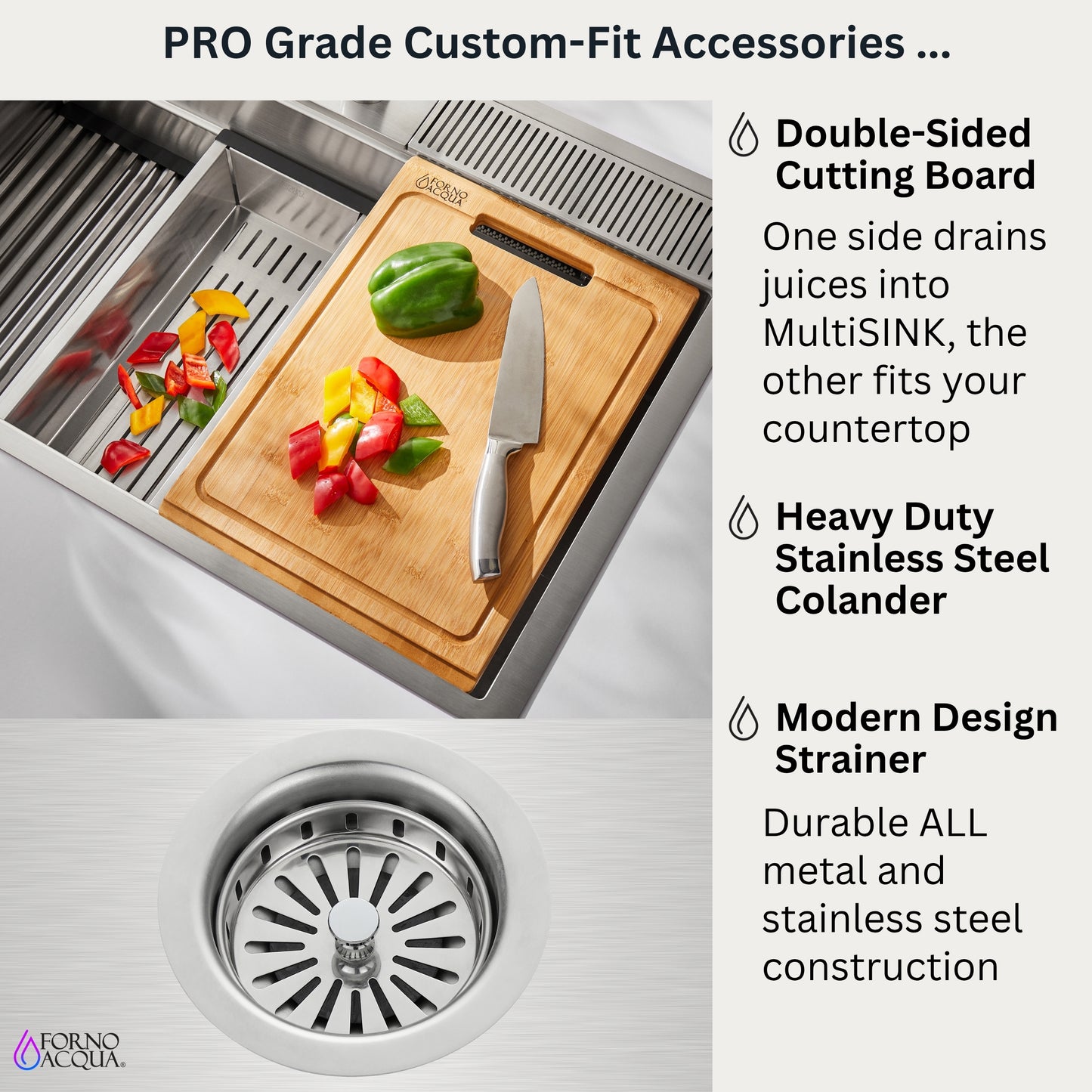 FORNO ACQUA 33 in. Drop-In/Undermount 3 Level Workstation Sink with Faucet, Waterfall & Glass Rinser