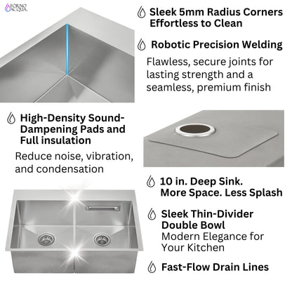 FORNO ACQUA 33 in. Drop-In/Undermount 50/50 Double Bowl Stainless Steel Sink with Faucet & Waterfall
