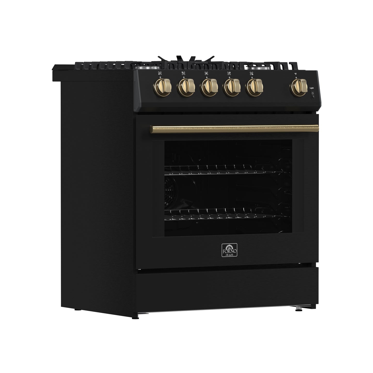 Cocina a gas Forno Leonardo Espresso de 30 pulgadas, color negro, 5 quemadores, 39 500 BTU, horno de convección de 5 pies cúbicos