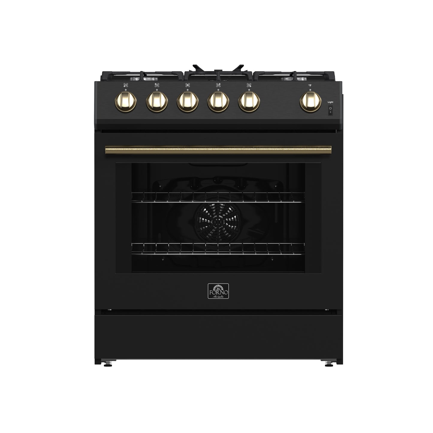 Cocina a gas Forno Leonardo Espresso de 30 pulgadas, color negro, 5 quemadores, 39 500 BTU, horno de convección de 5 pies cúbicos
