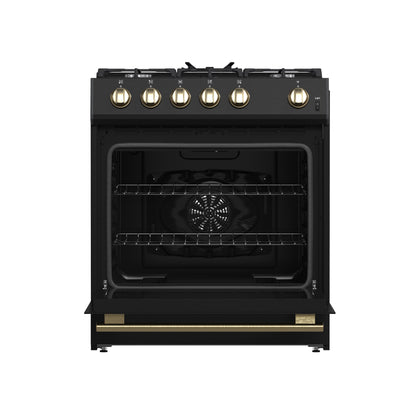 Cocina a gas Forno Leonardo Espresso de 30 pulgadas, color negro, 5 quemadores, 39 500 BTU, horno de convección de 5 pies cúbicos