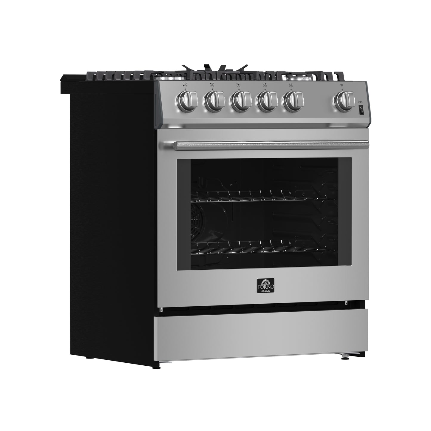 Forno Leonardo 30-Inch Stainless Steel Gas Range, 5 Sealed Burners (Totaling 39,500 BTU), 5 cu.ft. Convection Oven, Continuous Cast Iron Grates, Black Enamel Interior, Auto Re-Ignition, LP Conversion Kit Included