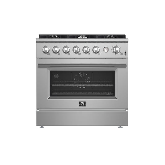 Cuisinière à gaz Marco de 36 pouces, acier inoxydable, 6 brûleurs, 67 000 BTU, four à convection de 5,36 pi³