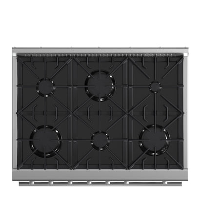 Cocina a gas Marco de 36 pulgadas, acero inoxidable, 6 quemadores, 67,000 BTU, horno de convección de 5.36 pies cúbicos