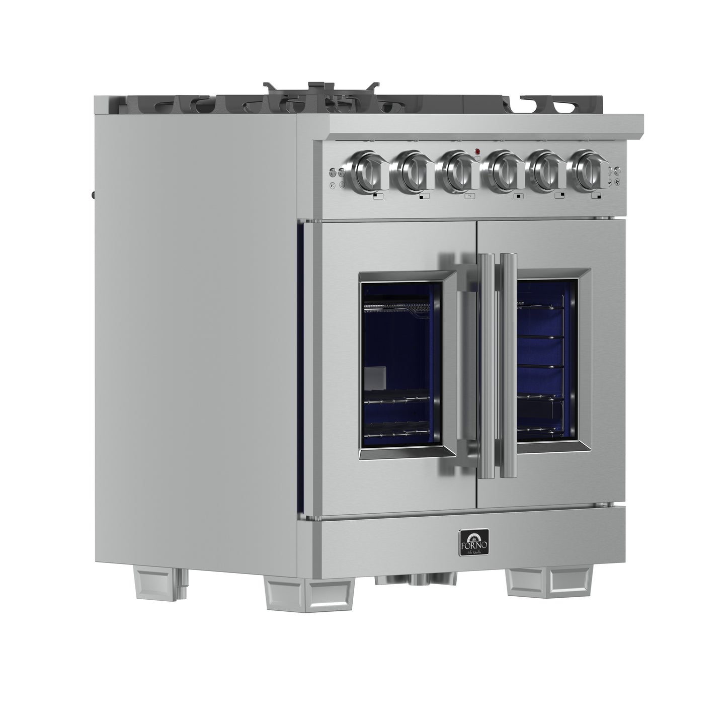 Cocina a gas independiente Forno Capriasca de 76 cm con puerta francesa, 4 quemadores, horno de convección y eficiencia energética.
