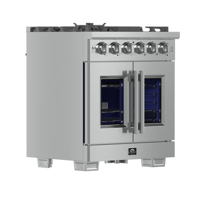 Cocina a gas independiente Forno Capriasca de 76 cm con puerta francesa, 4 quemadores, horno de convección y eficiencia energética.
