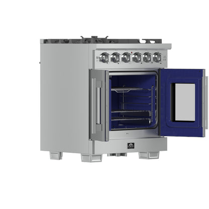 Cocina a gas independiente Forno Capriasca de 76 cm con puerta francesa, 4 quemadores, horno de convección y eficiencia energética.