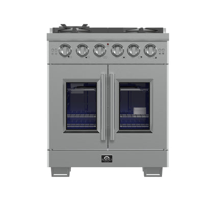 Cocina a gas independiente Forno Capriasca de 76 cm con puerta francesa, 4 quemadores, horno de convección y eficiencia energética.