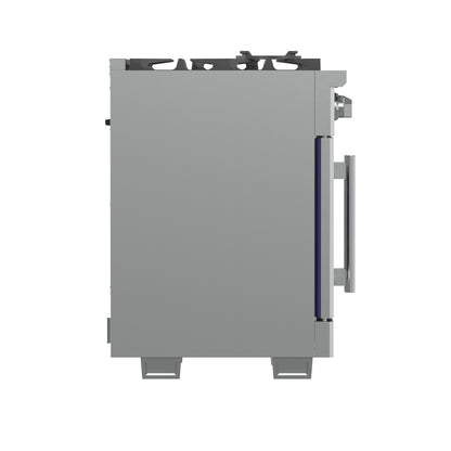 Cocina a gas independiente Forno Capriasca de 76 cm con puerta francesa, 4 quemadores, horno de convección y eficiencia energética.