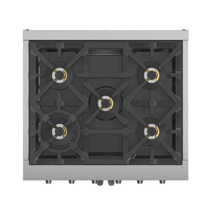 Cocina a gas independiente Forno Capriasca de 76 cm con puerta francesa, 4 quemadores, horno de convección y eficiencia energética.