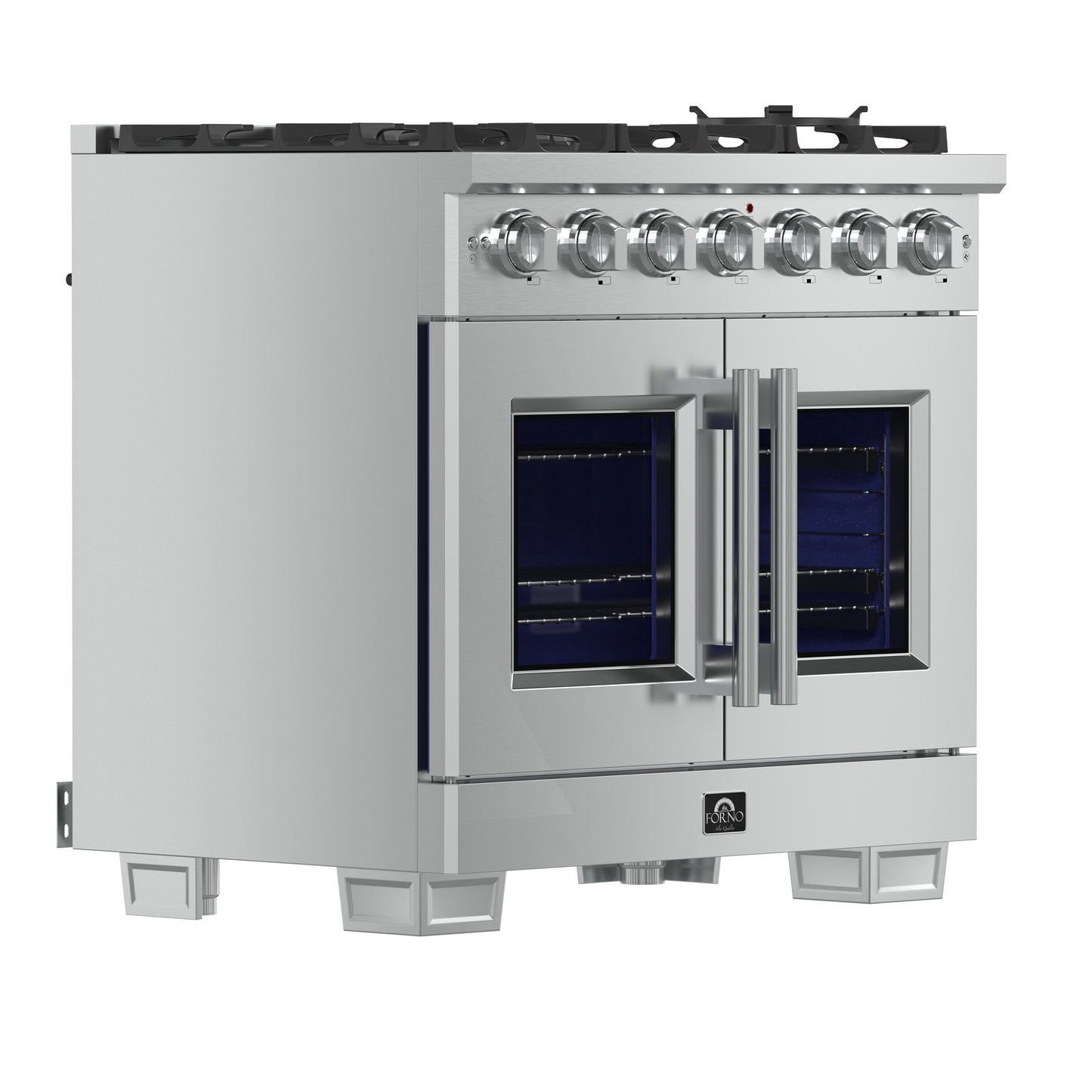 Cocina a gas independiente Forno Capriasca de 91 cm con puerta francesa, 6 quemadores, horno de convección y eficiencia energética.